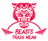 Fierce red tiger illustration with a motivational workout slogan "beasts train mean" featuring a stylized barbell.