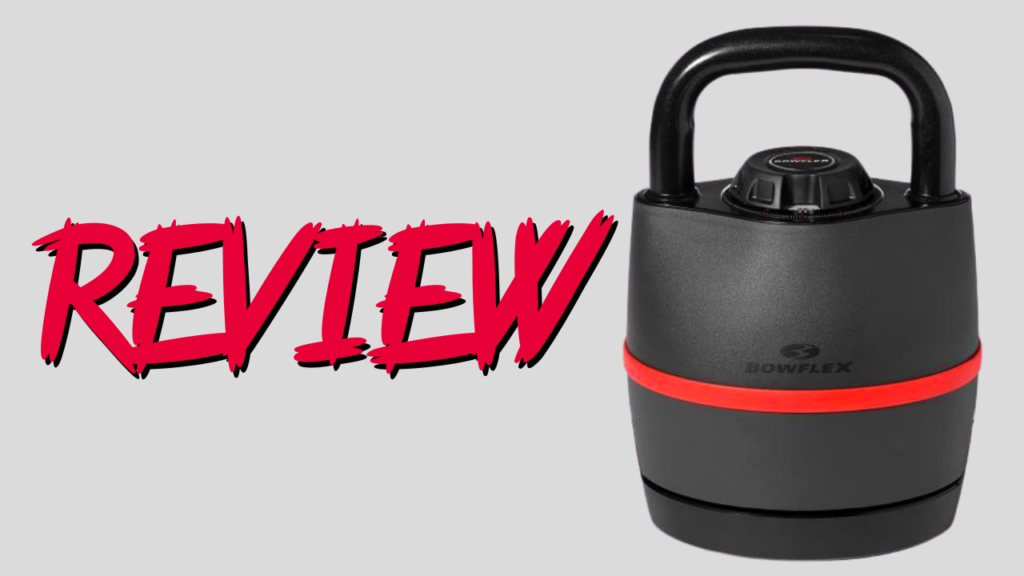 Adjustable bowflex kettlebell with "review" text overlay for a product evaluation concept.
