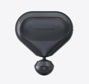 Black theragun massage device against a white background.