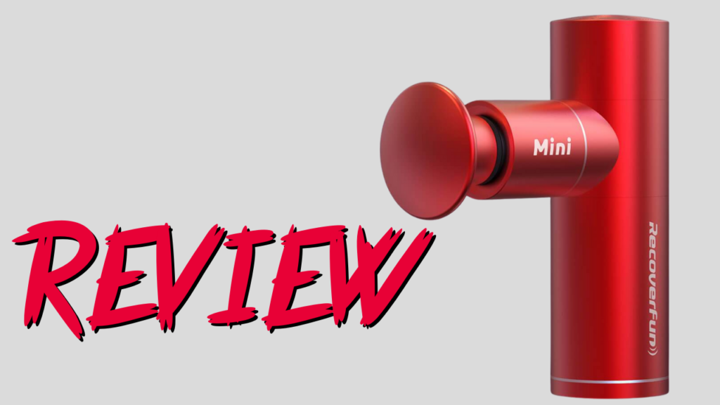 A vibrant red portable massage device displayed next to the word "review" in bold red letters.