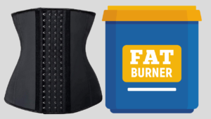 A black waist training corset next to a blue container labeled 'fat burner,' symbolizing weight loss and body shaping products.