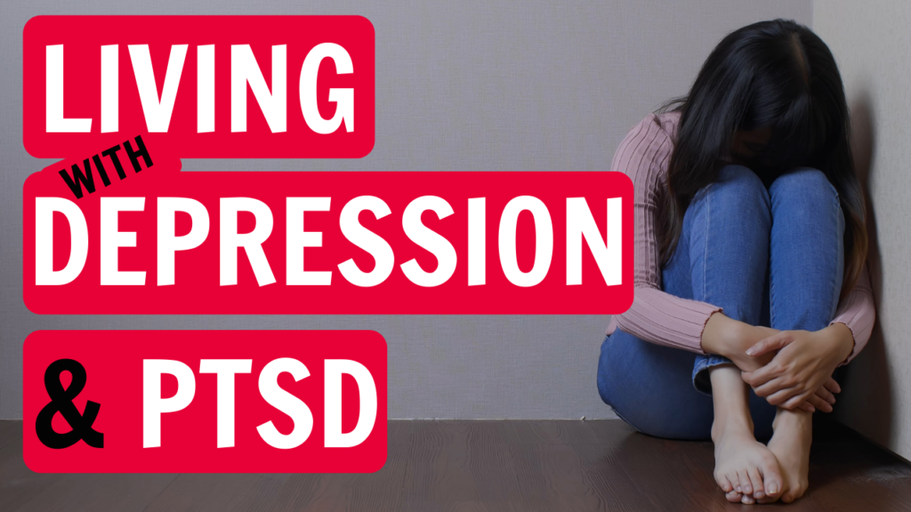 A woman sitting in the corner of a room, hugging her knees close to her chest, in a pose that suggests she is feeling sad or overwhelmed, illustrates the topic "living with depression & ptsd.