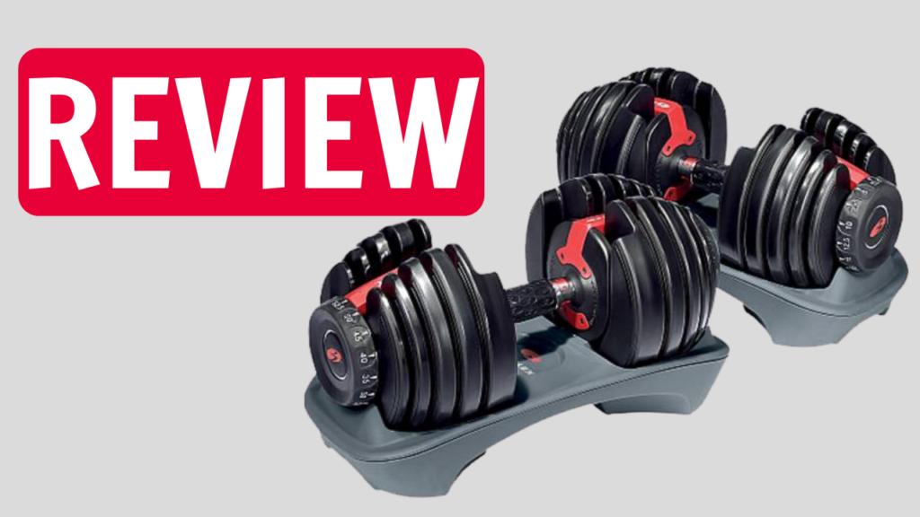 Adjustable dumbbells on a stand with a bold 'review' label - a compact workout solution evaluated.
