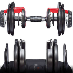 A set of adjustable dumbbells with black and red weight plates and a metallic grip positioned symmetrically, reflecting on a glossy surface below.