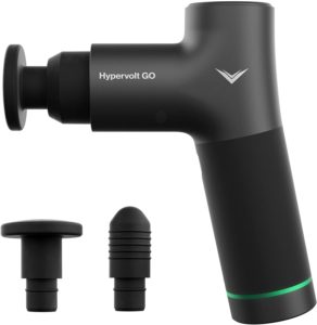 A portable hypervolt go massage gun with interchangeable head attachments.