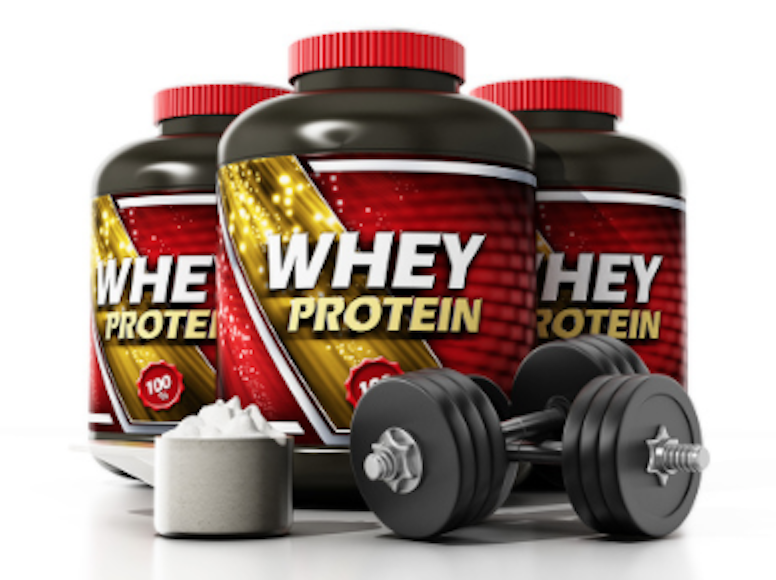 Three containers of whey protein supplements with a pair of dumbbells in front, symbolizing strength training and nutritional support.