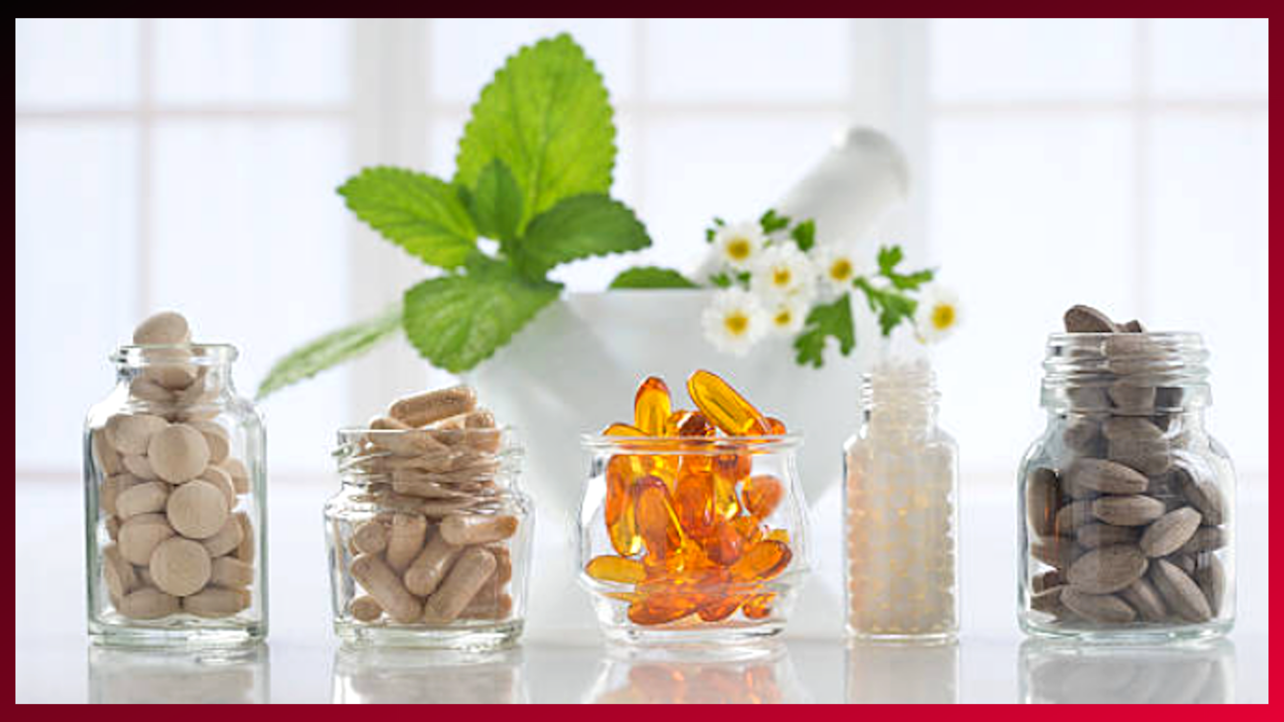 An array of dietary supplements and herbal remedies displayed in glass jars on a bright, clean countertop, symbolizing natural health and wellness.