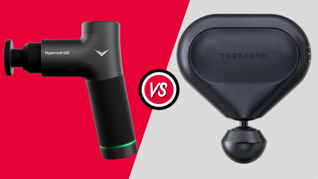 Comparing two popular massage guns: the sleek hypervolt go on the left versus the ergonomic theragun on the right, head-to-head in a percussion therapy showdown.