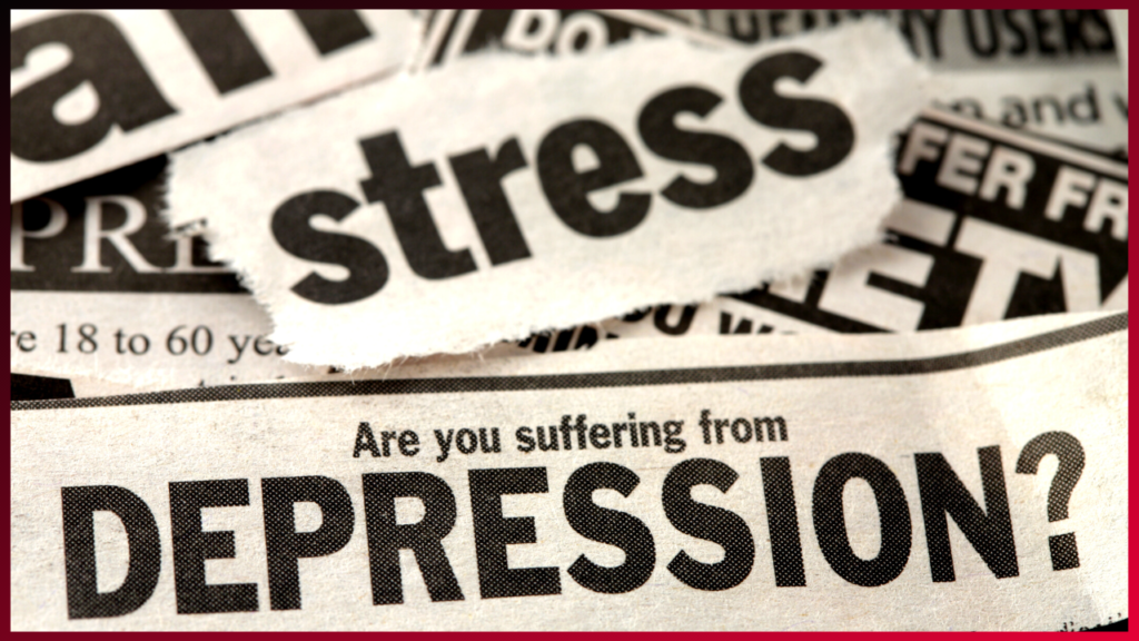 Torn newspaper headlines focusing on mental health issues with emphasis on "are you suffering from depression?