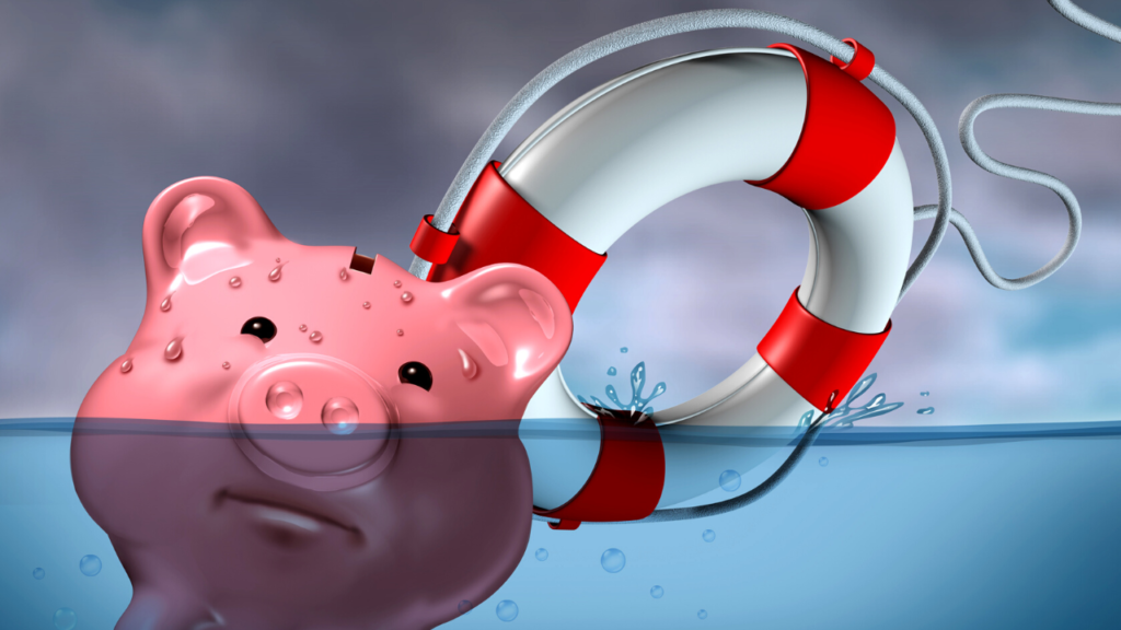 A piggy bank half-submerged in water with a life preserver being thrown to it against a stormy, depression sky backdrop, illustrating financial rescue or assistance.