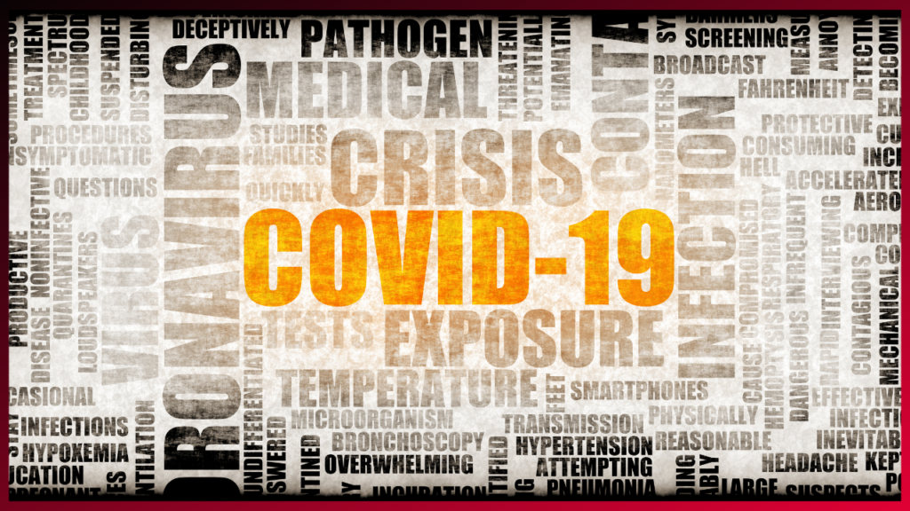 Word cloud in white, black, and red highlighting terms related to the covid-19 pandemic, with "crisis" and "covid-19" prominently displayed at the center.