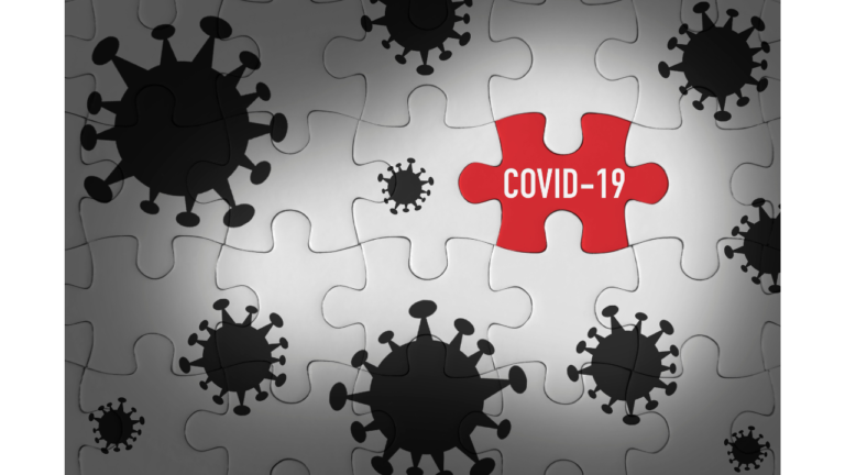 A conceptual puzzle with a missing piece labeled "covid-19" amidst other pieces shaped like viruses, symbolizing the search for solutions in the pandemic.