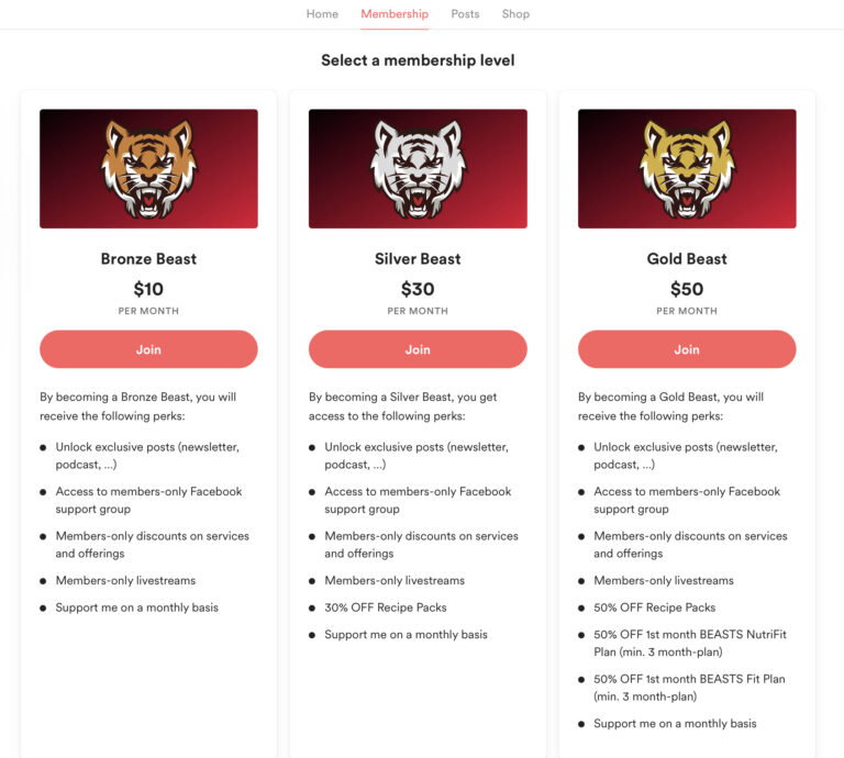 Image of a tiered membership plan layout with three levels: bronze beast, silver beast, and gold beast, each with a tiger logo and progressively increasing benefits and monthly subscription costs.