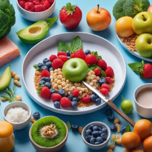 A colorful assortment of healthy foods including a bowl of cereal with fresh berries, green apple, and nuts surrounded by an array of fruits, vegetables, salmon, and Nutri 12 - Meal Plan (12 Weeks) on a blue background, representing a balanced diet.
