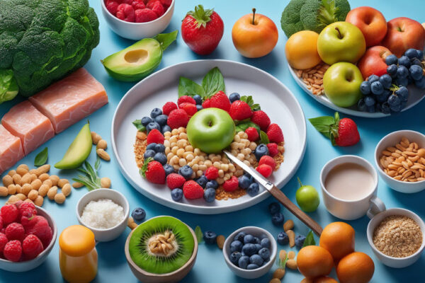 A colorful assortment of healthy foods including a bowl of cereal with fresh berries, green apple, and nuts surrounded by an array of fruits, vegetables, salmon, and Nutri 12 - Meal Plan (12 Weeks) on a blue background, representing a balanced diet.