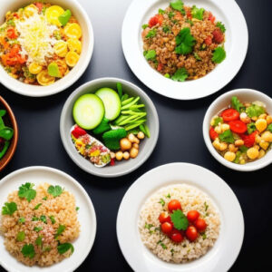 A variety of Nutri 12 - Meal Plans arranged neatly on a dark surface, showcasing an assortment of grains, vegetables, and legumes, garnished with fresh herbs.