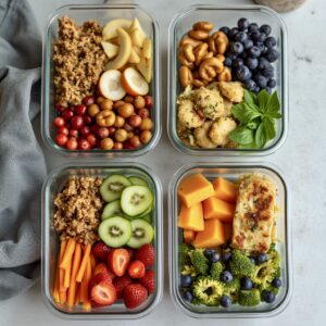 Nutri 21 - Meal Plan (21 Days): Four glass meal prep containers with grains, berries, nuts, kiwi slices, carrots, strawberries, broccoli, cheese cubes, and a baked dish arranged neatly on a light surface.