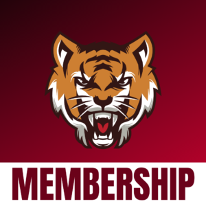 Intense tiger mascot design above a bold 'TIGER PRIDE' text on a fierce red background.