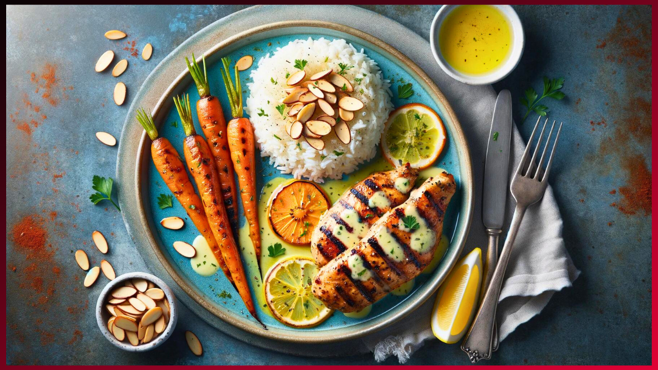 A colorful and appetizing meal of grilled chicken breast with herbs, rice with almond slices, roasted carrots, fresh citrus slices, and a side of sauce on a rustic blue background.