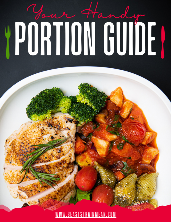 A guide cover showing a plate with sliced grilled chicken breast, steamed broccoli, a mix of roasted tomatoes, and pasta in a red sauce. The title "Your Handy Portion Guide" is in bold above the plate. The URL www.beaststrainmean.com is at the bottom.