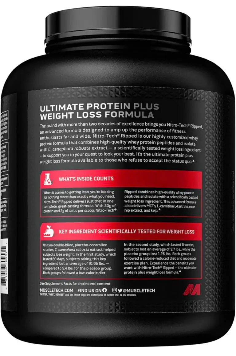 Black protein powder container with a label titled "Ultimate Protein Plus Weight Loss Formula." The description highlights high-quality whey peptides and isolate protein, scientifically tested ingredients for weight loss, and a mix of amino acids and proteins.