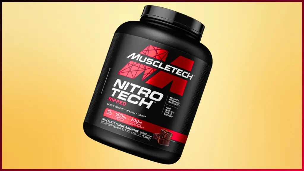 A black container of MuscleTech Nitro-Tech Ripped Lean Protein powder is displayed against a yellow background. The label highlights 30g protein, 500mg L-carnitine L-tartrate, and 200mg C. canephora robusta. The flavor is Chocolate Fudge Brownie.