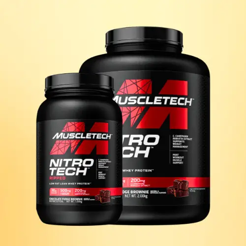 Two black containers of MuscleTech Nitro-Tech protein powder are shown, one larger and one smaller, with red and white labeling. The product offers 30g of protein, 500mg of L-Carnitine, and 200mg of C. canephora robusta per serving. Flavor: double rich chocolate.