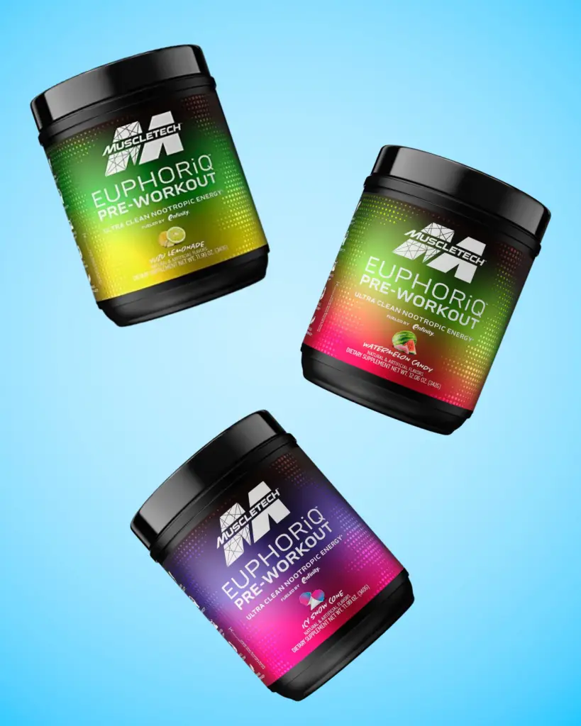 Three containers of Muscletech EuphoriQ pre-workout supplement are displayed against a blue background. Each container features a colorful label with different flavor information and supplement details.