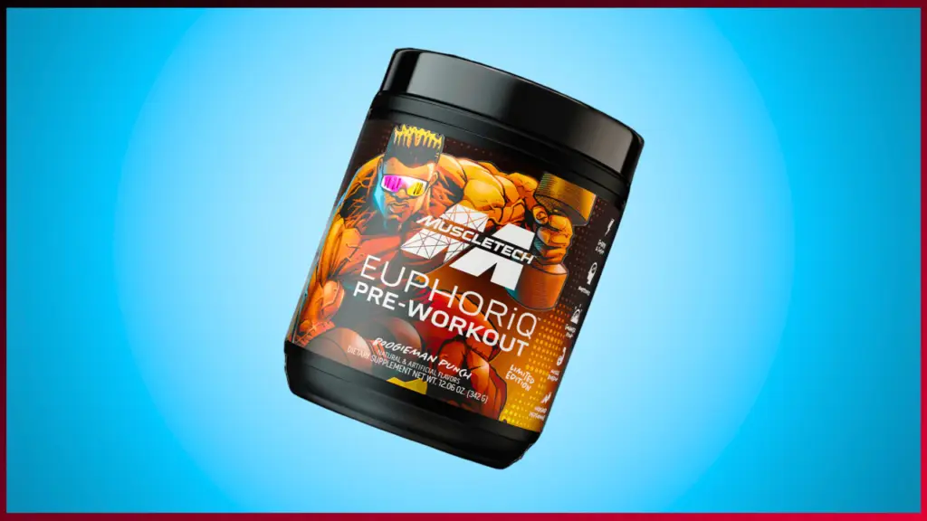 A container of MuscleTech Euphoriq Pre-Workout is set against a gradient blue and red background. The label features dynamic, colorful graphics of a muscular character wearing sunglasses and a crown.