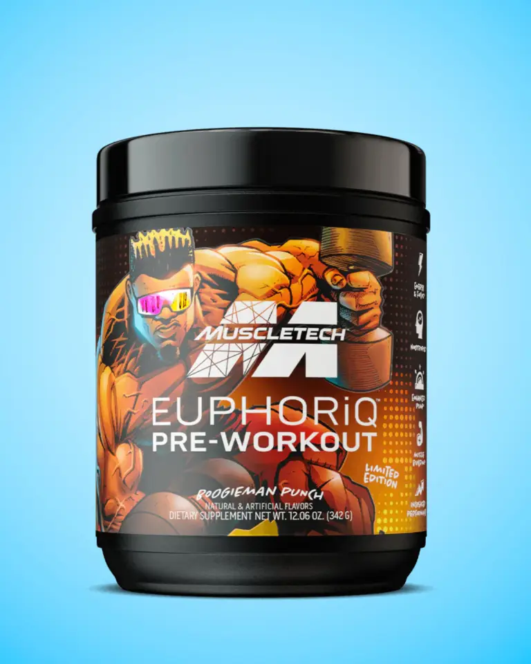 A container of Muscletech EuphorIQ Pre-Workout supplement, "Boogieman Punch" flavor. The label features colorful art with a muscular figure wearing sunglasses. The product is labeled as having natural & artificial flavors.