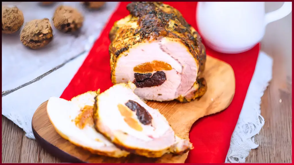 Sliced roast pork filled with prunes, served on a wooden board with a red cloth underneath. A white jug and a plate with chocolate truffles are in the background.