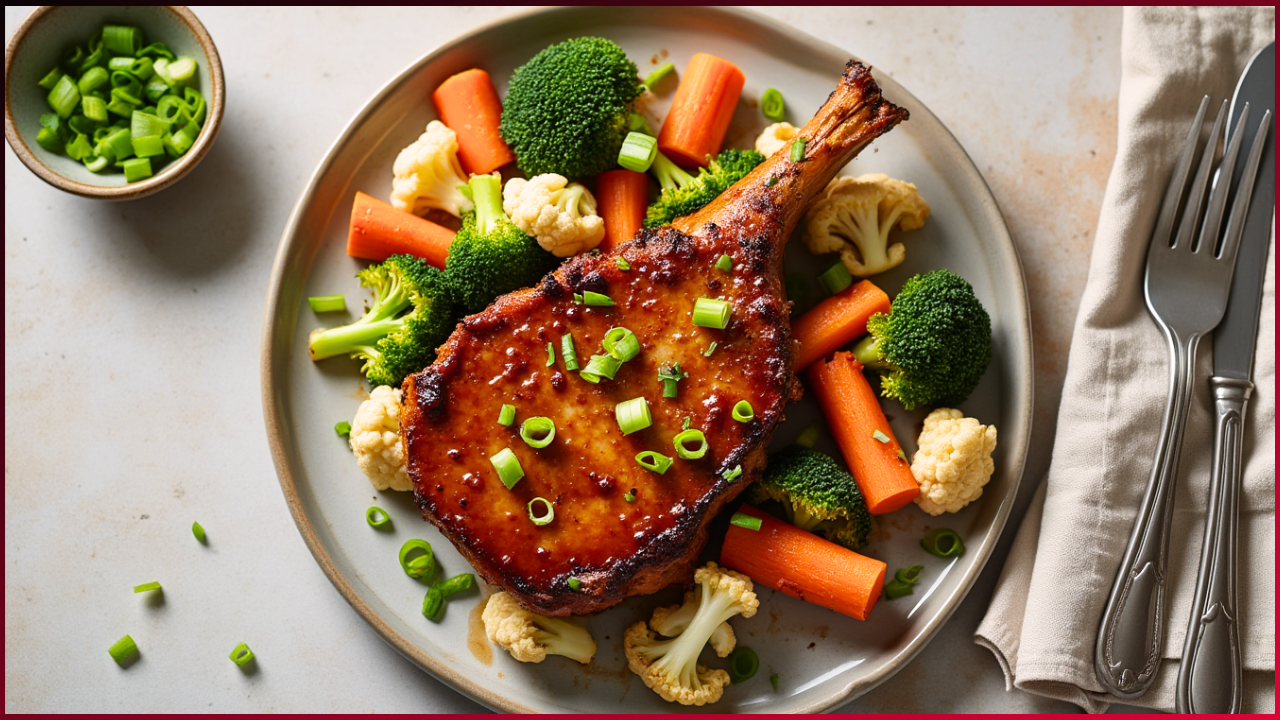 A glazed pork chop garnished with sliced green onions is served on a plate with steamed broccoli, cauliflower, and carrots. A small bowl of green onions is on the side, and cutlery is placed on a folded napkin next to the plate.