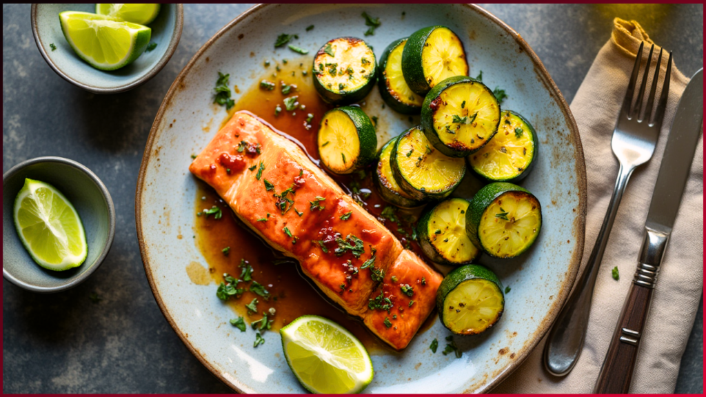 A plate of glazed salmon topped with herbs, accompanied by sautéed zucchini slices. Lemon wedges are placed on the plate and in small bowls nearby. A fork and knife rest on a napkin to the right.