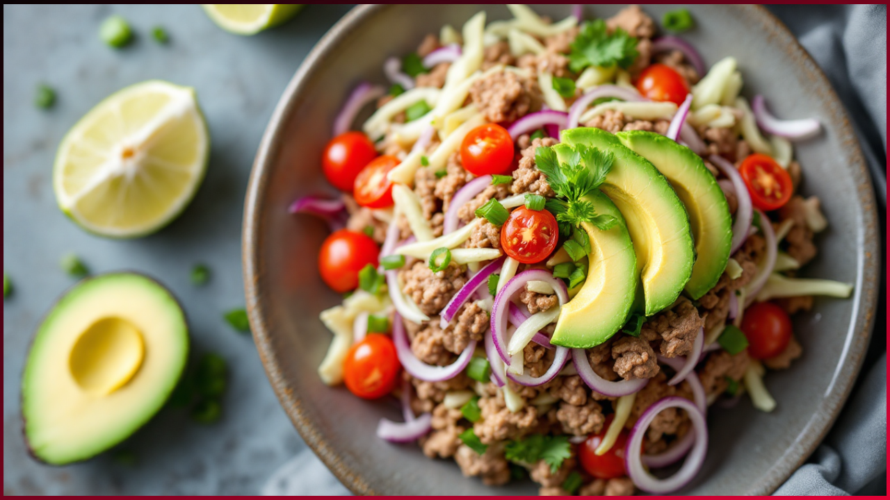 A dish featuring minced meat, cherry tomatoes, sliced avocado, and red onion on a gray plate. Garnished with cilantro, with lime halves and an avocado on the side.