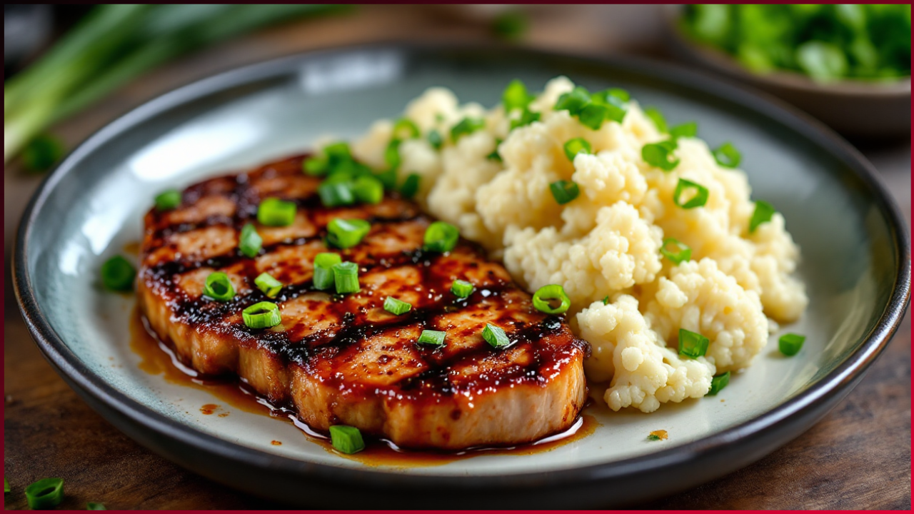 Grilled steak with barbecue sauce, garnished with chopped green onions, served on a plate alongside a portion of mashed cauliflower, also topped with green onions. The dish is presented on a wooden table.