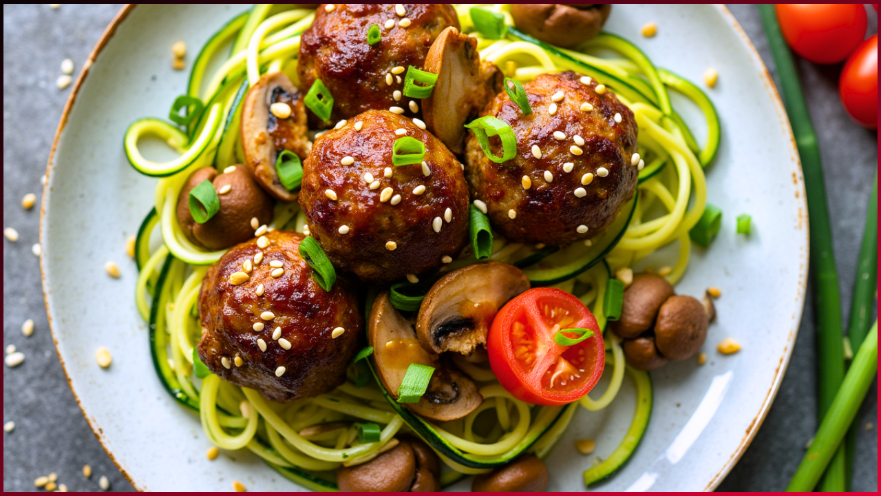 A plate of zucchini noodles topped with meatballs, sliced mushrooms, cherry tomato halves, and sprinkled with sesame seeds and chopped green onions.