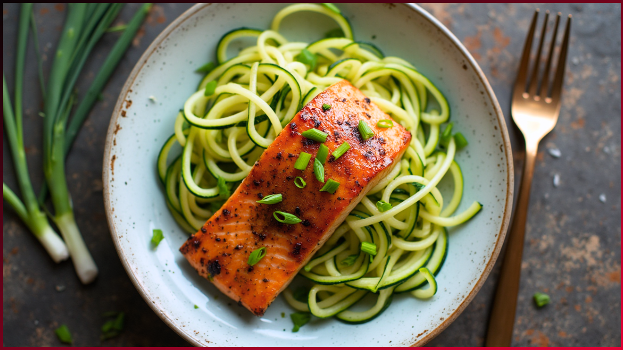 A plate of zucchini noodles topped with a grilled salmon fillet, garnished with chopped green onions. A fork is placed to the right, and green onions are on the textured surface next to the plate.