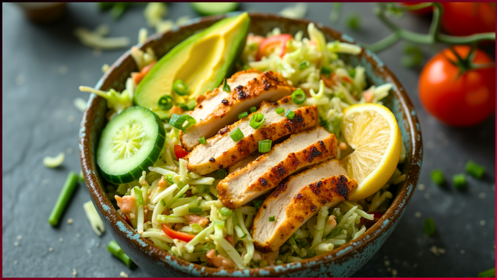 A colorful salad bowl featuring grilled chicken slices, avocado, cucumber, and a lemon wedge over a mix of shredded vegetables and greens. The bowl is garnished with chopped green onions. In the background, there are fresh tomatoes and green onions.