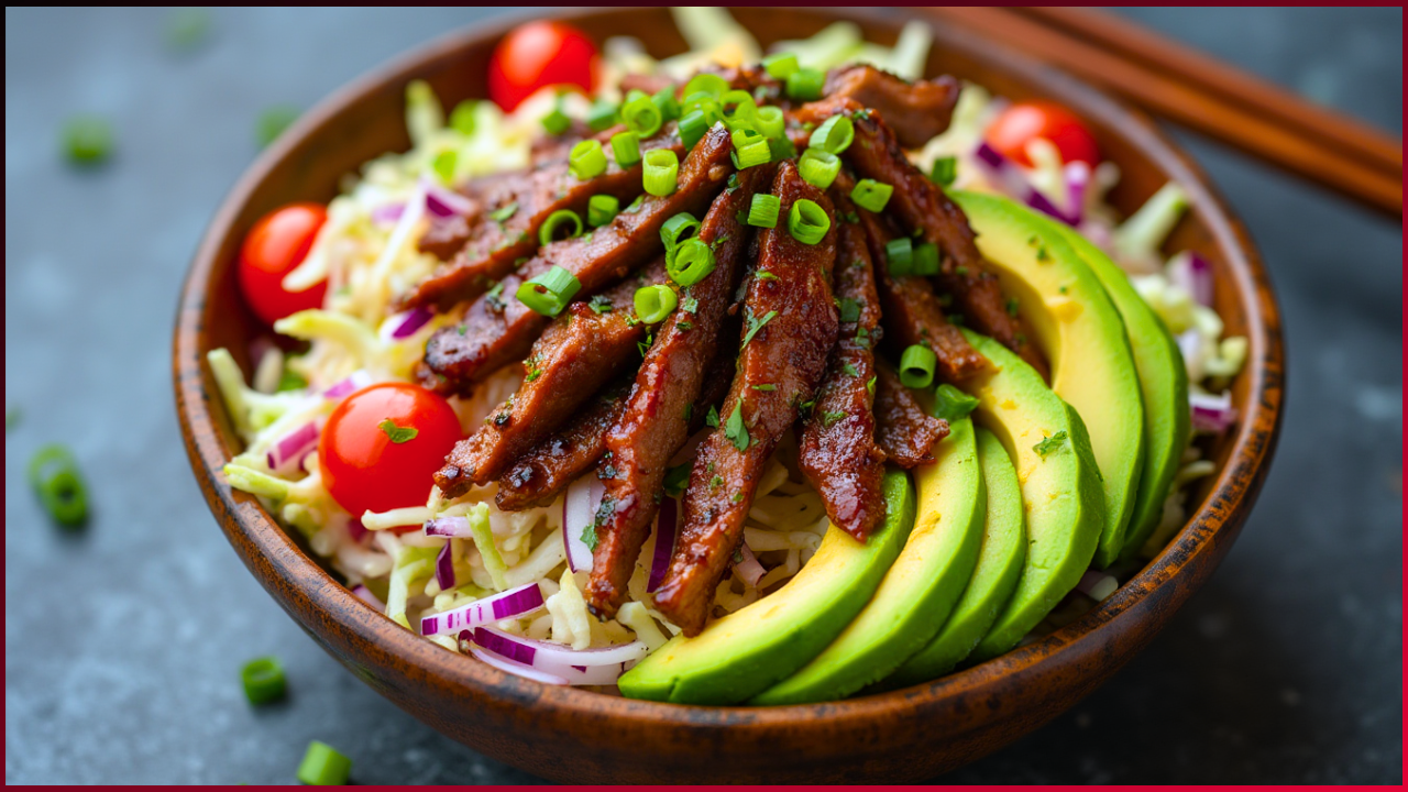 A wooden bowl filled with sliced grilled meat, avocado slices, cherry tomatoes, shredded cabbage, and purple onion on a textured surface. Garnished with chopped green onions. Chopsticks are placed in the background.