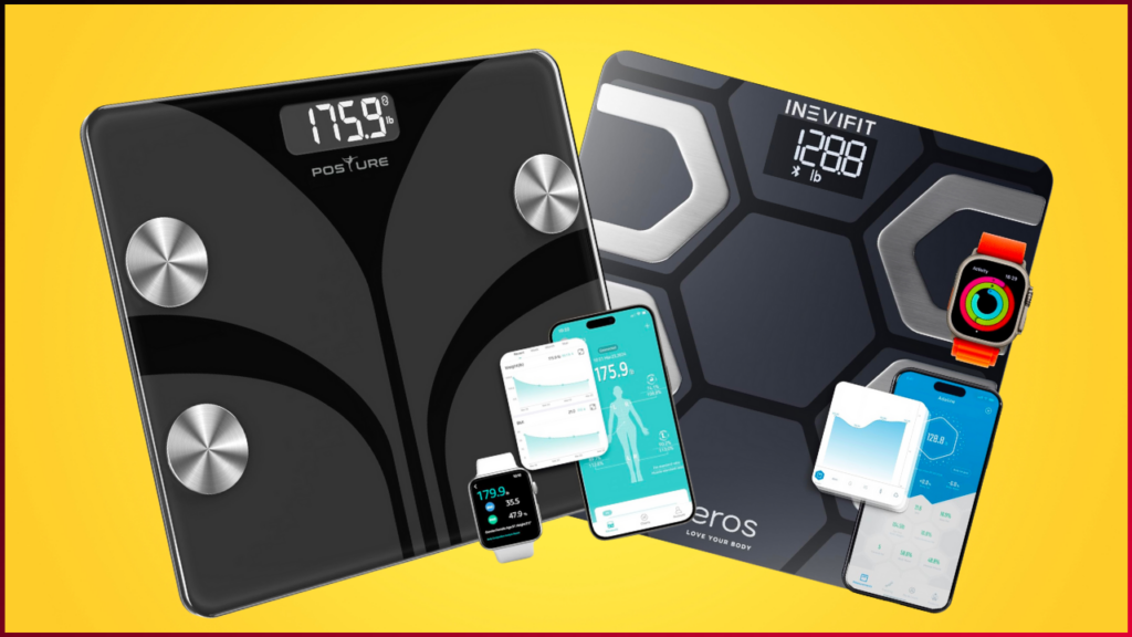 Two digital smart scales displaying 175.9 lbs and 128.8 lbs are shown. They are paired with smartphones and smartwatches displaying corresponding health data. The background is yellow with a red border.