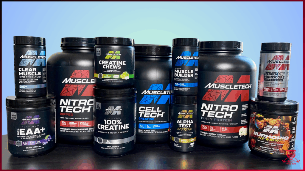 A collection of various MuscleTech supplement containers, including whey protein, creatine, amino acids, and pre-workout powders, arranged on a black surface against a blue gradient background.