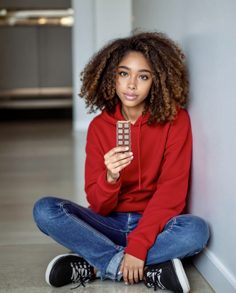 A young woman in a red hoodie and jeans sits on the floor against a wall, holding a chocolate bar and looking at the camera with a calm expression.