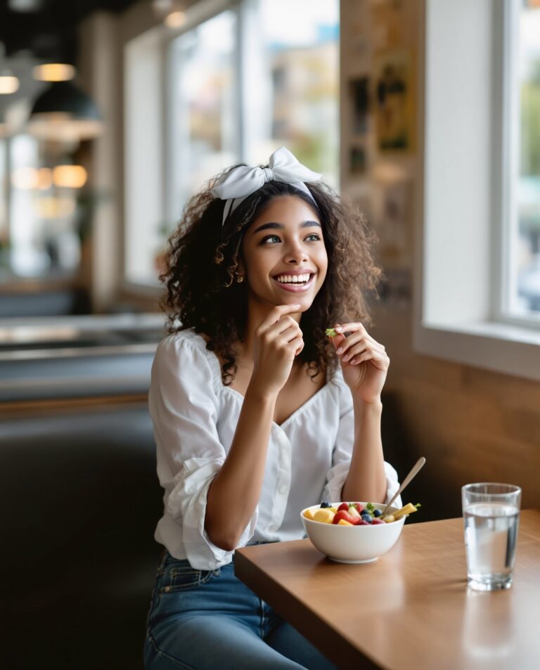 A smiling woman with curly hair and a white headband sits at a table by a window, enjoying a bowl of fruit salad with a glass of water in a bright, modern café.