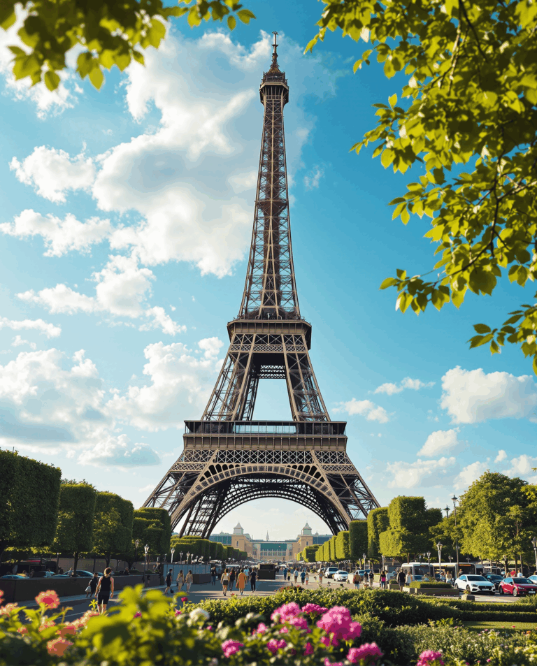 The Eiffel Tower stands tall under a blue sky with scattered clouds, surrounded by green trees and colorful flowers, with people and cars visible at its base.