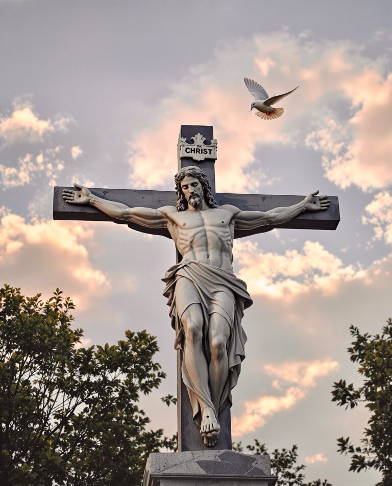 A statue of Jesus on the cross stands outdoors against a sky with clouds at sunset; a white dove is flying nearby, and trees frame the bottom of the scene.