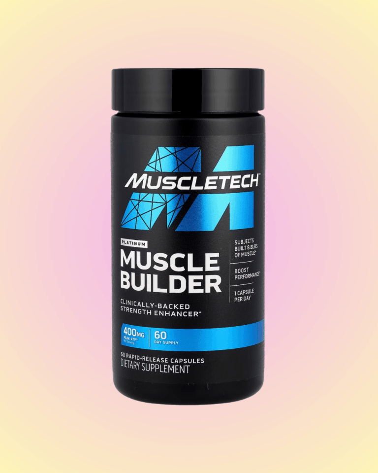 A black bottle of MuscleTech Platinum Muscle Builder dietary supplement with blue and white labeling, containing 60 rapid-release capsules, designed to support muscle growth and performance.