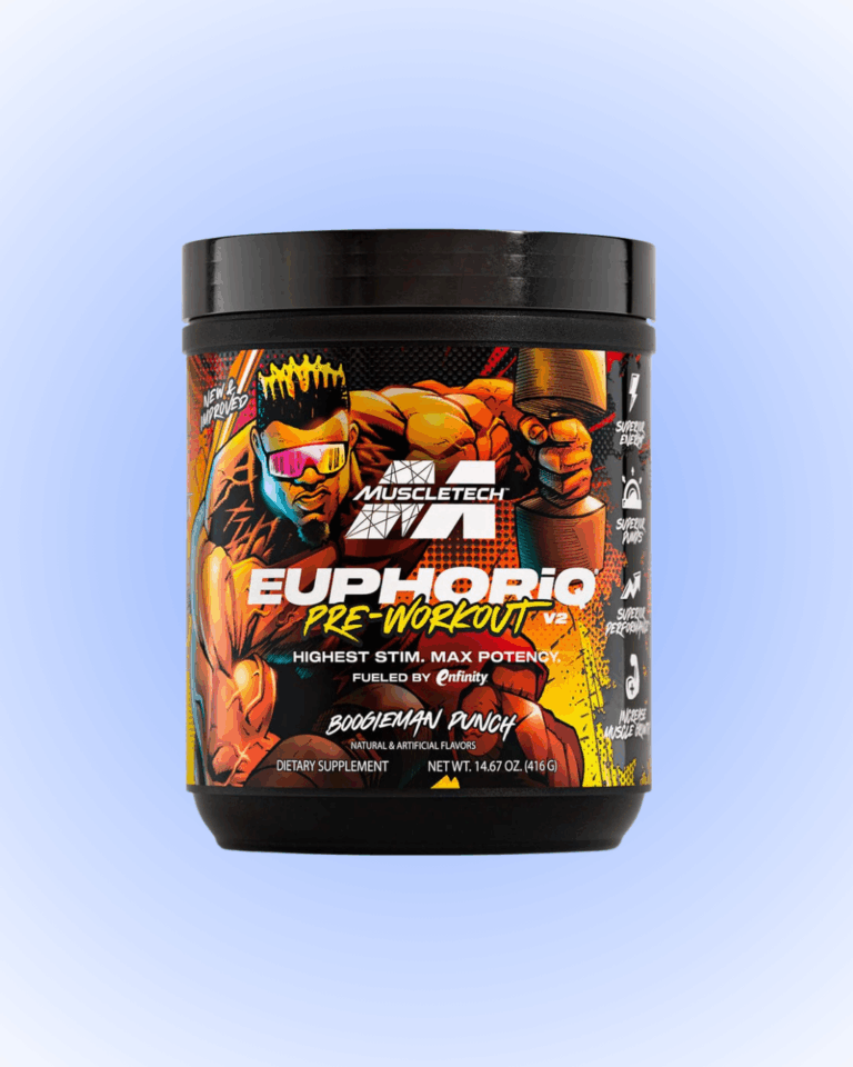 A container of MuscleTech EuphorIQ Pre-Workout supplement in Boogieman Punch flavor, featuring colorful comic-style artwork with a muscular character and bold text on the label against a light blue background.