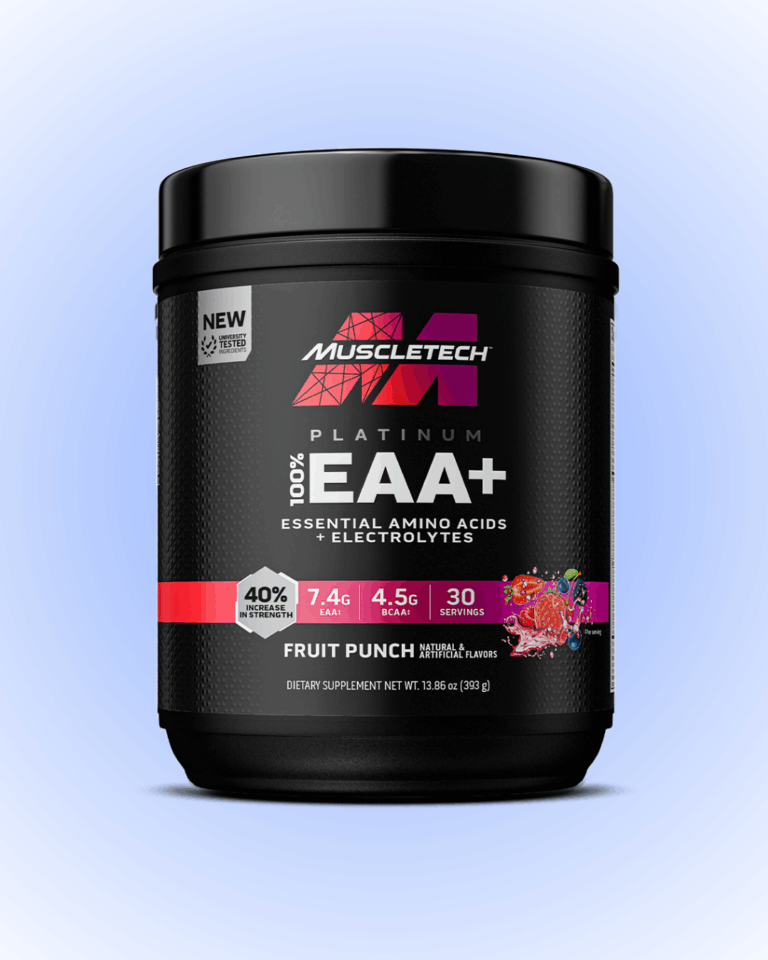 A black container of Muscletech Platinum 100% EAA+ supplement in Fruit Punch flavor, showing key details like essential amino acids, electrolytes, and 30 servings. The label features red and purple accents and fruit illustrations.
