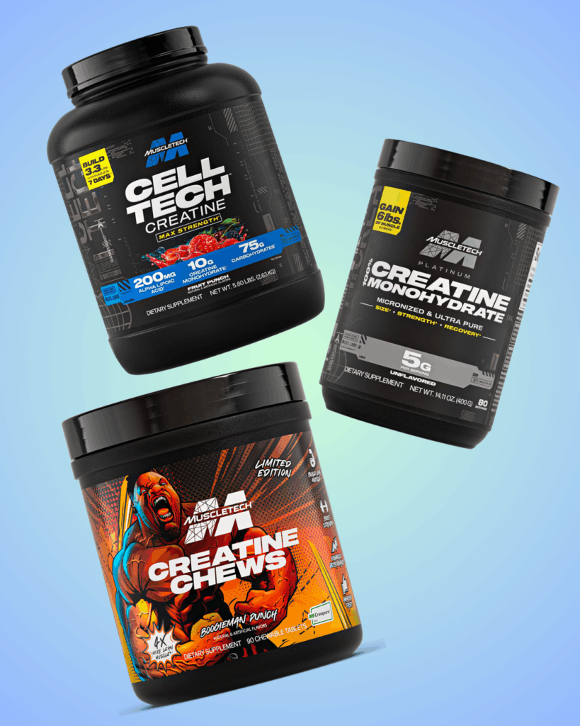 Three MuscleTech supplement containers are displayed on a light blue gradient background: Cell-Tech Creatine, Creatine Monohydrate, and Creatine Chews, each with distinct colorful labels.