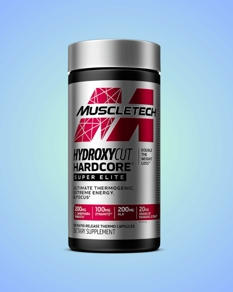 A black bottle of MuscleTech Hydroxycut Hardcore Super Elite dietary supplement is shown against a gradient blue background. The label highlights thermogenic, energy, and focus benefits with key ingredients listed.